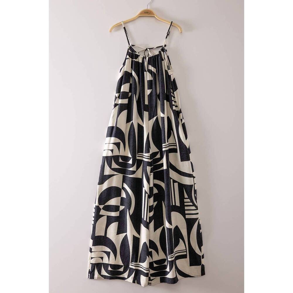 NEW VERY J women's sleeveless oversized abstract print jumpsuit in black mix